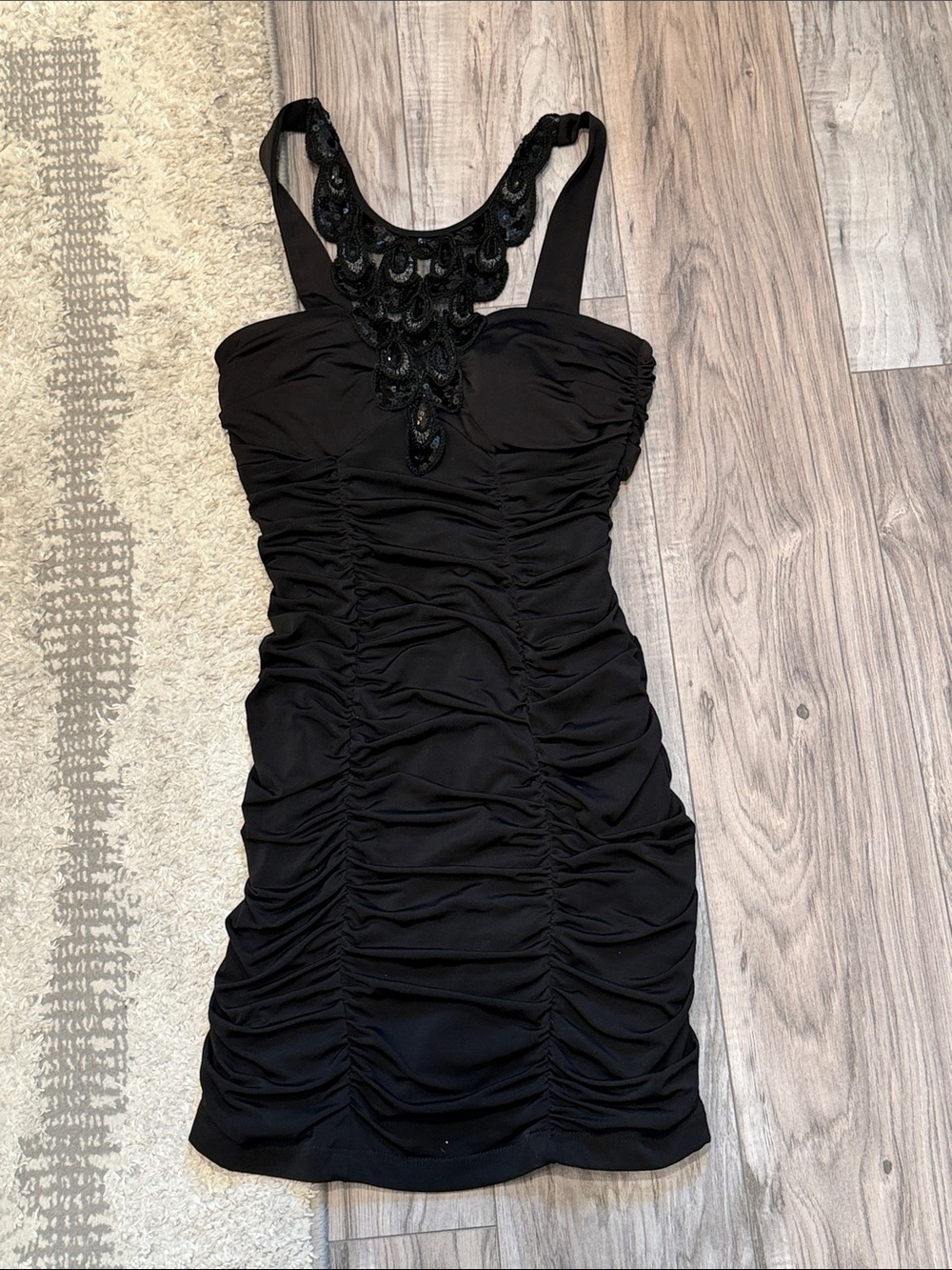 Teeze Me Black Ruched Mini Dress with Sequin Neck Detail
